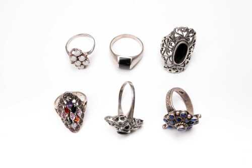 Six gemstone rings in sterling silver