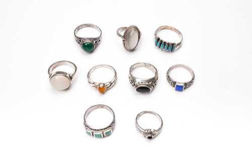 Nine rings in sterling silver