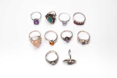 Ten gemstone rings in sterling silver