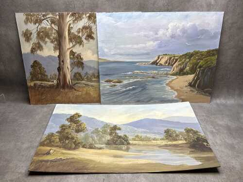 M.A. Benney, Australian landscapes (3). Three unframed oil paintings on board