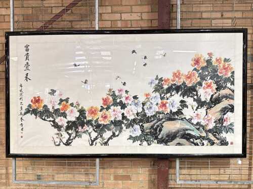 Vintage Chinese ink painting on paper with silk border
