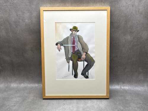 Jo Hannan (1940-), portrait of a seated man. Watercolour painting on paper