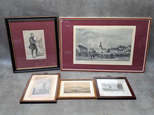 Five framed antique etchings on paper