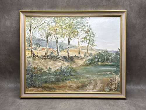 Di Perry (unknown), Australian landscape with homestead 1973, acrylic painting on artist board