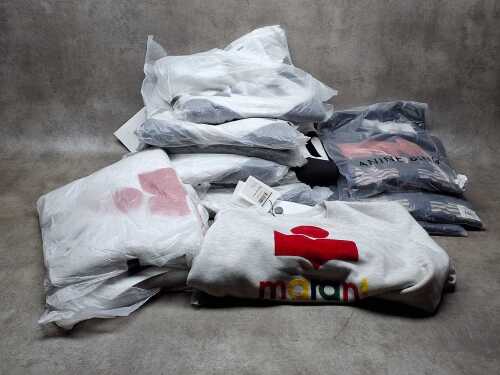 Assorted new clothing garments, size M - All still sealed in original packaging. Includes a mix of assorted apparel in various colours and styles.