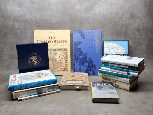 Cartographic books, together with a folio of Hiroshige Japanese woodblock bird prints
