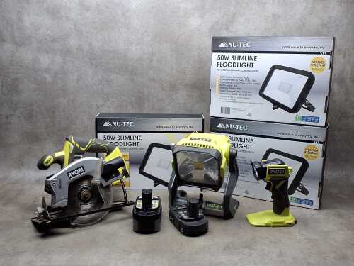Ryobi battery powered hand tools and 3x Nu-Tec 50W slimline floodlights in original boxes