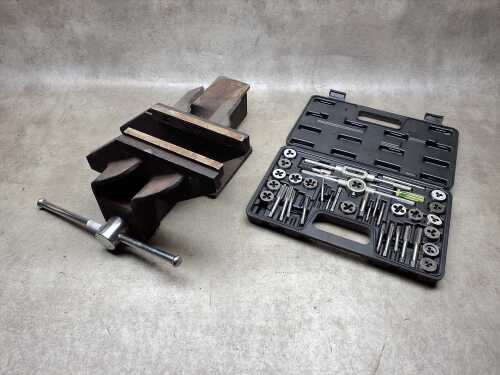 Offset bench vice and Frost 40 piece tap and die set in carry case.