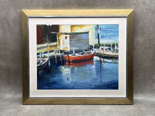 Therese Lee, marina scene. Oil painting on board