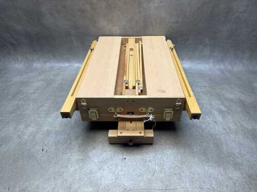 Timber box easel with adjustable legs and storage draw