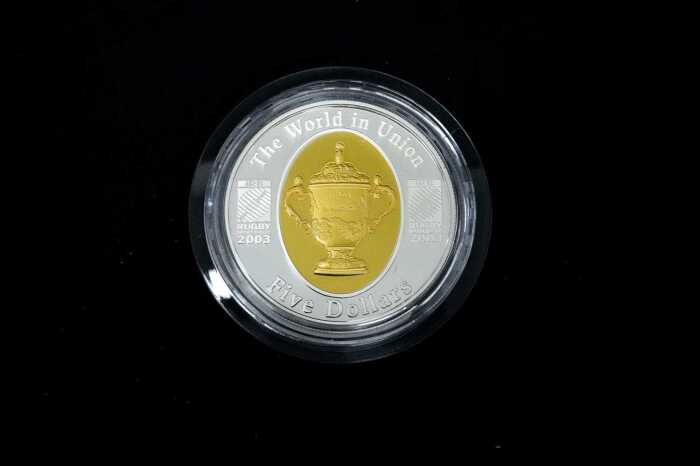 2003 Rugby World Cup $5 Silver Proof Coin, 1 oz