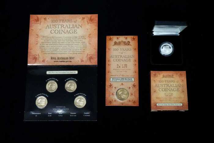 100 years of Australian Coinage Silver Proof Coin, 11.66g plus uncirculated coin sets.