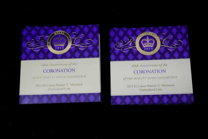 Two uncirculated 2013 Coronation $2 coins with "C" Mintmark