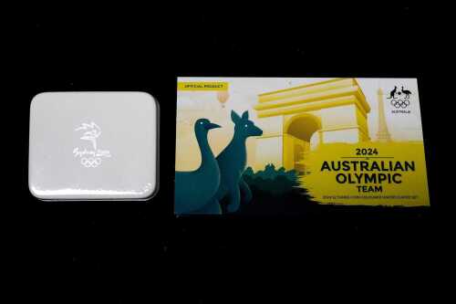 Sydney 2000 silver medallion and 2024 Australian Olympic $2 coloured coins