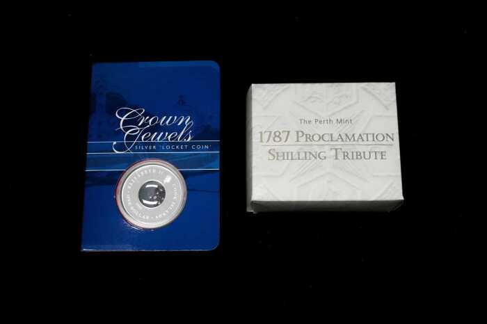Cook Islands Crown Jewels silver locket coin & 1787 Proclamation Shilling 50c, 31.35g