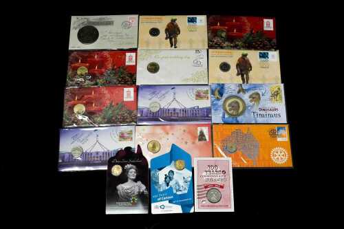Group of assorted Philatelic Numismatic Covers and collectable coins