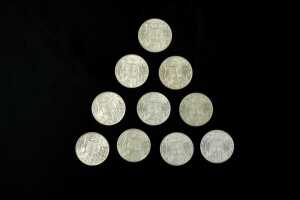 10 x Australian 1966 round 50 cent silver coins