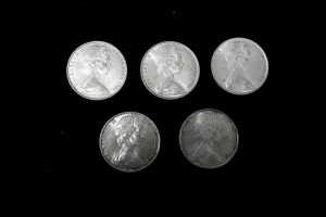 5 x 1966 Round 50c silver coins - 2