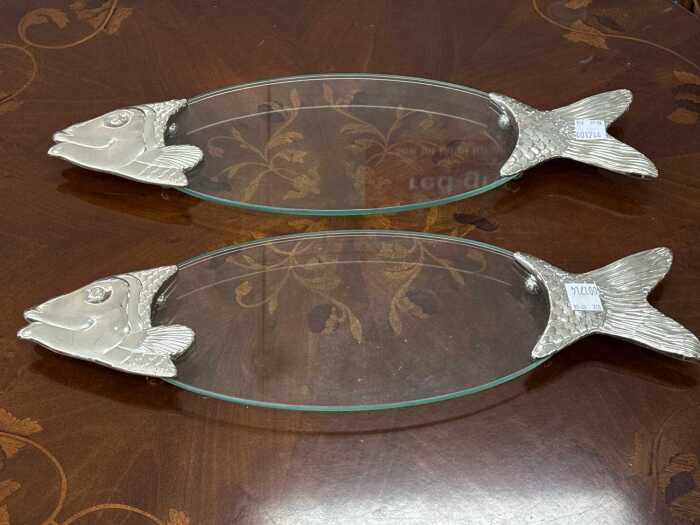 Pair of decorator glass and metal salmon plates