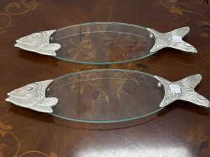 Pair of decorator glass and metal salmon plates
