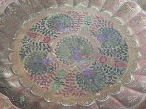 Brass platter with enamelled peacock decoration. - 2