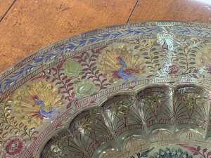 Brass platter with enamelled peacock decoration. - 3