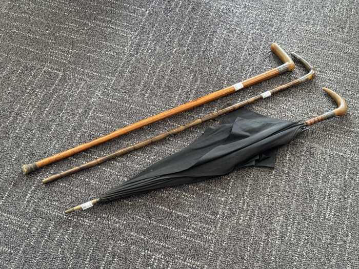 Two antique canes and one umbrella