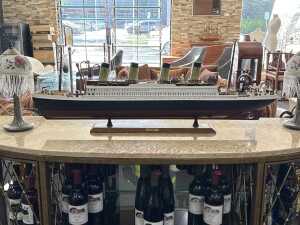 Decorative timber model ship of 'Titanic' on a stand