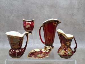 Five Crown Devon red and gilded porcelain pieces