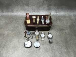 Collection of watches, pocket watch movements, keys and travel case