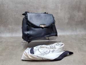 Designer-style black handbag with gold tone hardware and bag scarfe