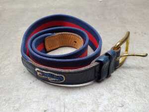 Designer-style handbag in black with gold tone hardware and red and blue belt - 5