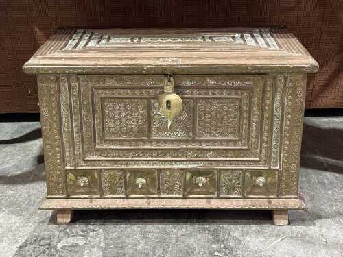 Antique brass-clad timber coffer
