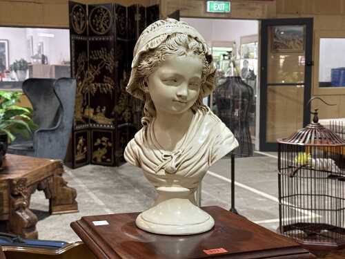 Resin bust of girl in mob cap