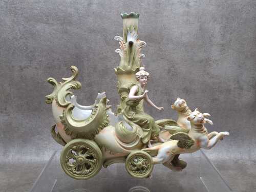 Antique German bisque porcelain figure of lady driving chariot drawn by griffins