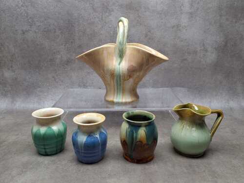Five Remued Art Deco drip glaze pottery pieces