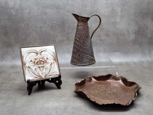 Three antique copper Art Nouveau decorative pieces