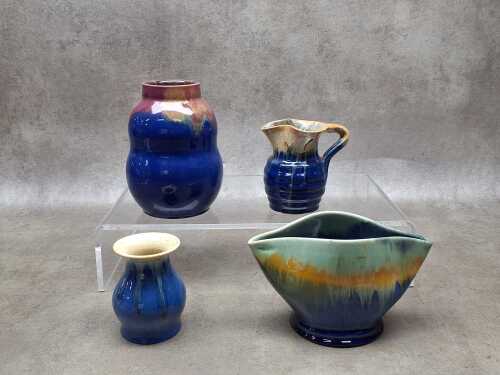 Four Remued Art Deco drip glaze pottery pieces