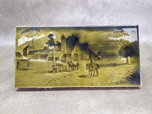 Antique green glazed ceramic tile with rural scene