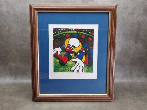 Paul Risley, clown, 1985, AP. Linocut print on paper