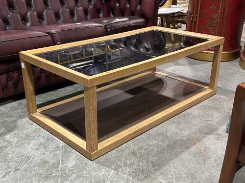Modern two-tier glass top timber coffee table