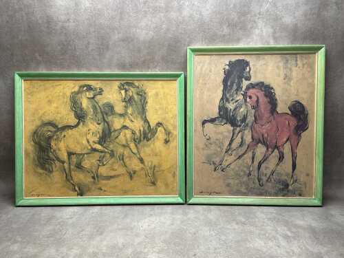 After Denes De Holesch 'Chargers' and 'Courtship'. Two mid-century horse prints on board