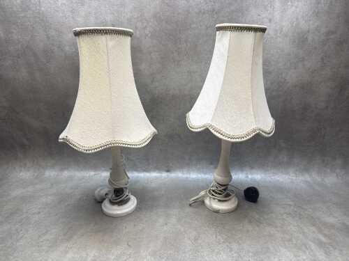 Two alabaster and metal table lamps with fabric shades