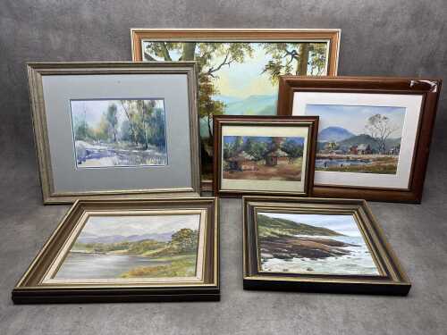 Six framed landscape artworks, including signed paintings