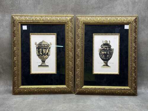 Two coloured etching depicting classical urns in gilt frames