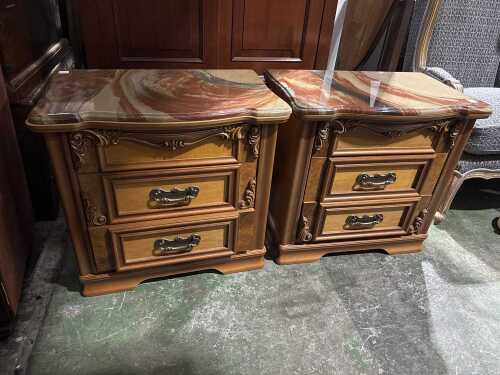 Pair of marble pattern stone top bedsides