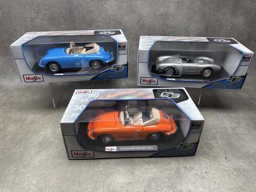 Three Maisto special edition 1:18 scale die-cast model Porsche cars