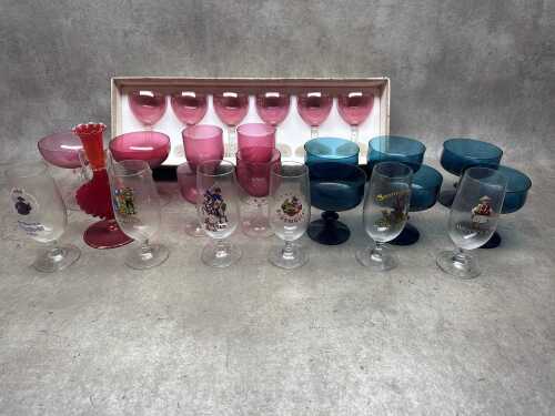 Assorted vintage coloured glass stemware