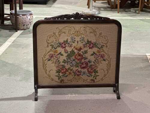 Antique floral tapestry fireplace screen in timber frame