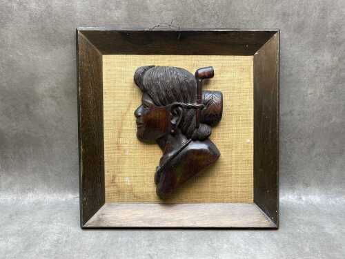 Mid-century timber relief carved bust on hessian backing.